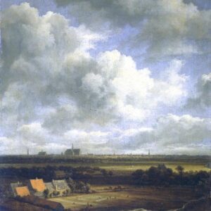 60. A painting of a landscape with clouds and houses.