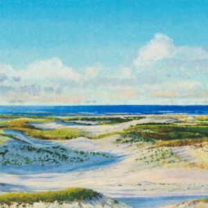 60. A painting of sand dunes and the ocean.