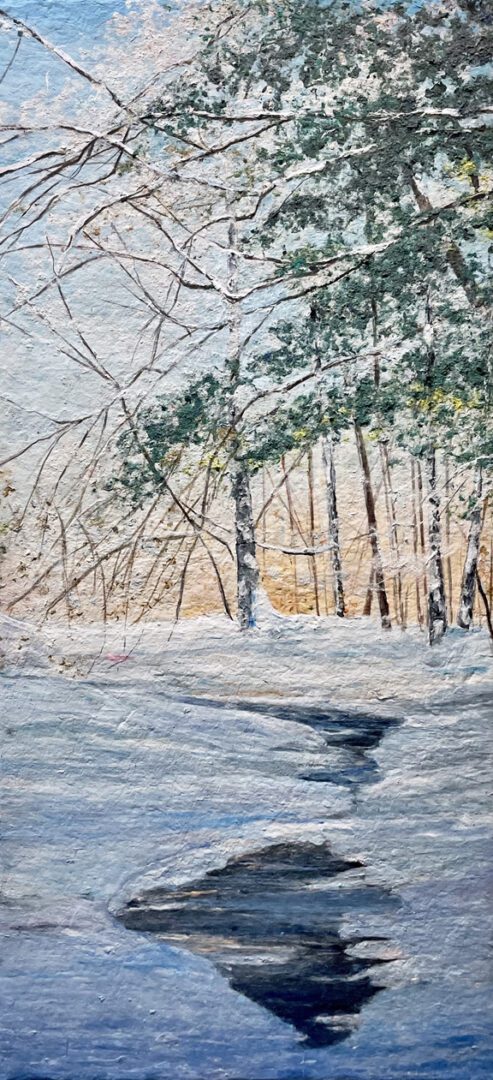 A painting of a snow covered river and trees.