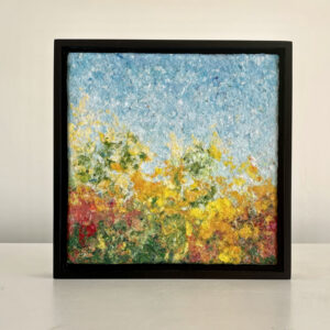 Marigolds, 9 x 9 x 1 inches, black floater frame
