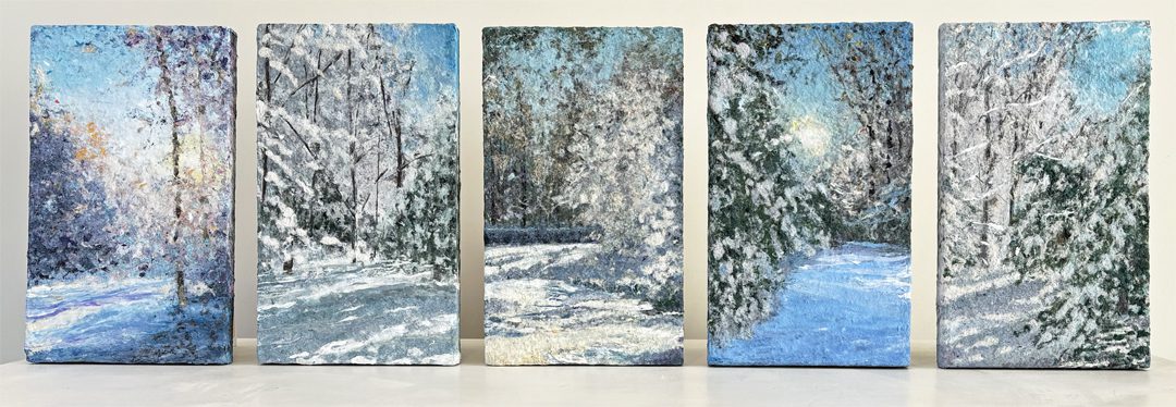 Five Winter Landscapes, 14 x 8 x 1 inches each. Sold as a set.